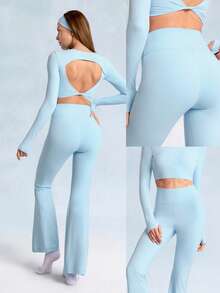 GLOWMODE 31" FeatherFit™ Flared Leggings Pants With Built-In Shorts Low Impact Yoga Pilates Daily Spring Summer - Blue Day - View 9