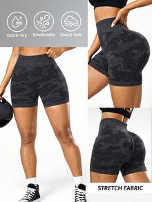 Seamluxe SHEIN Sport 女士黑色无缝紧身运动短裤，高腰提臀瑜伽短裤，四向弹力，适合工作、日常健身、跑步、健身房等场合。