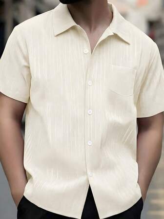 SHEIN Camisa de manga corta con botones frontales y bolsillo con estampado de rayas para adolescentes