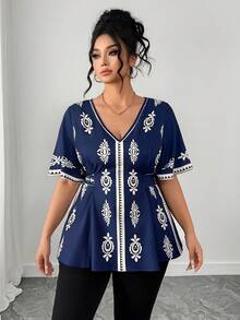 Elenzga 大码女式V领蝴蝶结系带衬衫，复古印花衬衫 - 藏蓝色 - 查看 5