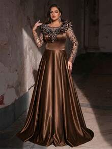Glamrae Plus Size Elegant Romantic Brown Round Neck Cloud Decor Long Sleeve Sheer Luxury Sequin Patchwork A-Line Wedding Dress, Suitable For Wedding, Party, Celebration, Formal Events, Gala Dinner (Heavily Embellished Design)