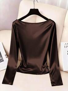 Franclia Áo sơ mi nữ kiểu Pháp tối giản màu đen trơn, cổ bèo nhún, eo thắt, cài cúc ngọc trai, thiết kế xếp ly, mẫu mới cho mùa đông. - màu nâu - Xem 2