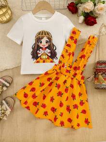 SHEIN 2pcs/Set Gaun Anak Perempuan Putih Lengan Pendek Motif Timur Tengah Longgar Kasual untuk Pakaian Sehari-hari & Motif Bunga dengan Tali Bahu, Musim Panas, Ulang Tahun Pertama - MultiWarna - View 5