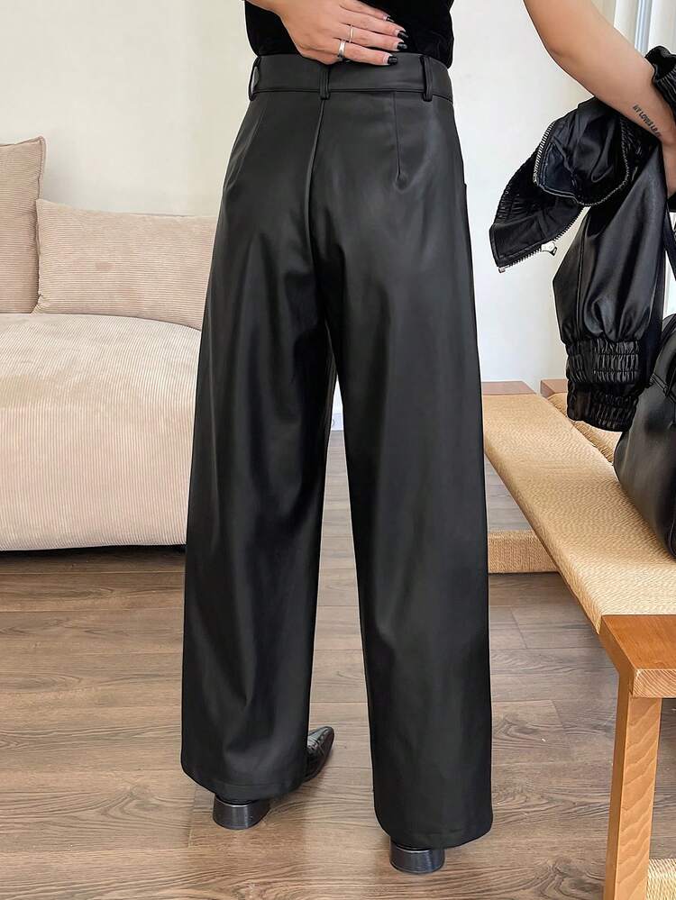 Women's PU Korean Style Casual Loose Straight Leg Pants