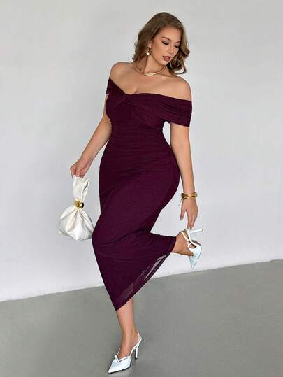 Auralis Plus Size Women's Romantic Off-Shoulder Mesh Twist Ruched Dress With Long Sleeves, Suitable For Spring/Summer Dates