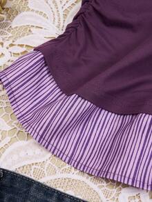 Glimmora Lila axelutskurna randig lapptäcke kortärmad t-shirt, trendig och mångsidig sommartopp för kvinnor - Blåröd - Visa 4