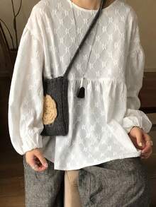 FRIFUL 女士圆领刺绣宽松休闲甜美3D刺绣荷叶边拼接宽松上衣，白色长袖 - 白色 - 查看 1