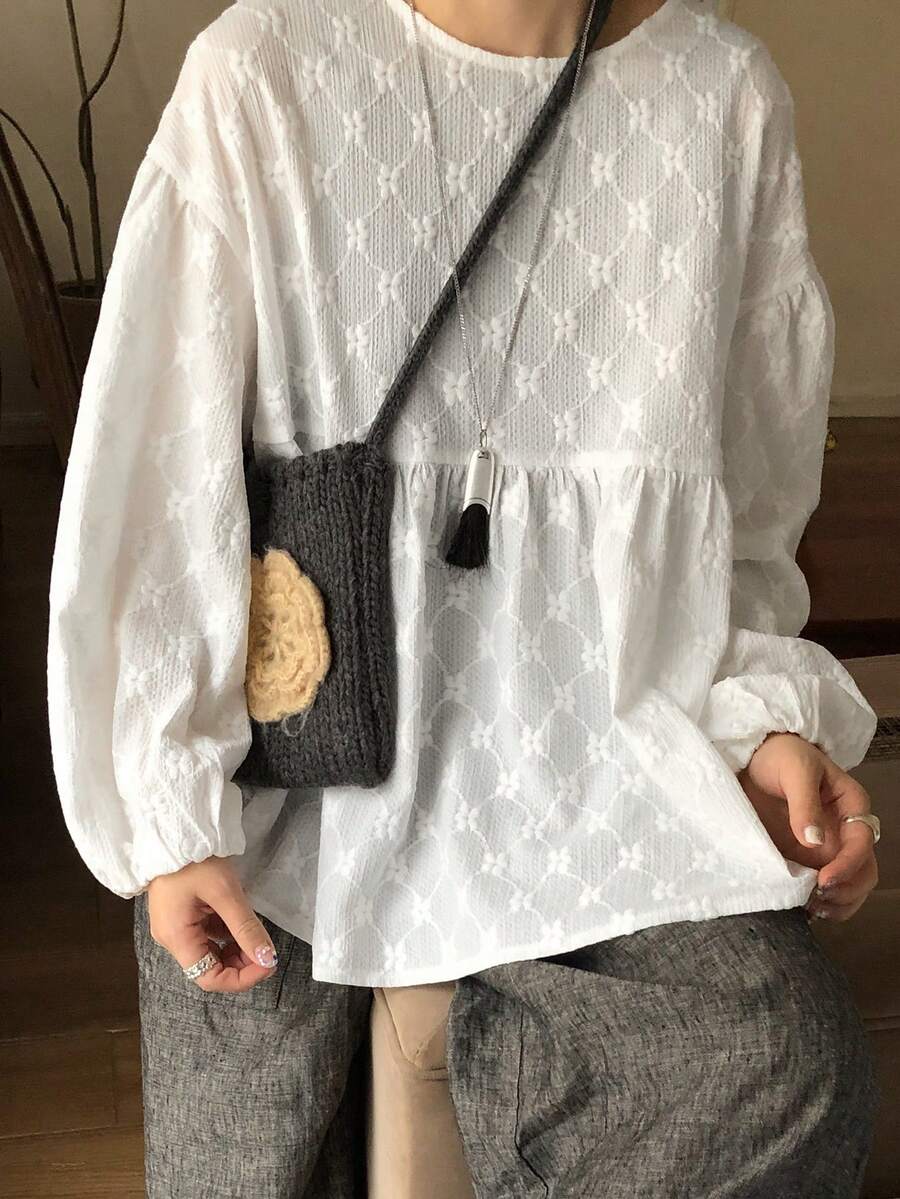 FRIFUL 女士圆领刺绣宽松休闲甜美3D刺绣荷叶边拼接宽松上衣，白色长袖 - 白色 - 查看 1