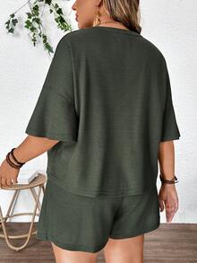 SHEIN Plus Size Pregnant WomenSummer Outfit Women Maternity Plus Size Solid V-Neck Short Sleeve Top And Adjustable Waist Shorts Casual Outfit Short Sets For Women Shorts Set Two Piece Plus Size Short Sets Two Piece Short Set Womens Short Sets,Plus-Size Maternity Set With High Waist, Adjustable Elastic For Comfort And No Constriction, Military Green Casual Two-Piece Set. - Army Green - View 2