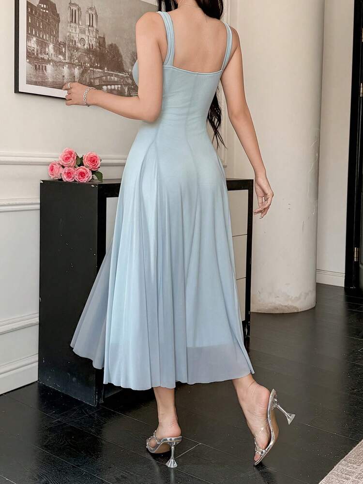 Women's Elegant Solid Color Beaded Square Neck Sleeveless Mid-Length Dress, Summer Wedding Guest Dress Sundress