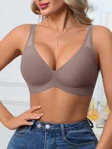 DesireSculpt 1件装女士无缝无钢圈V领文胸，支撑性柔软凝胶衬垫舒适纯色网眼镂空文胸 - 淺灰紫 - 查看 6