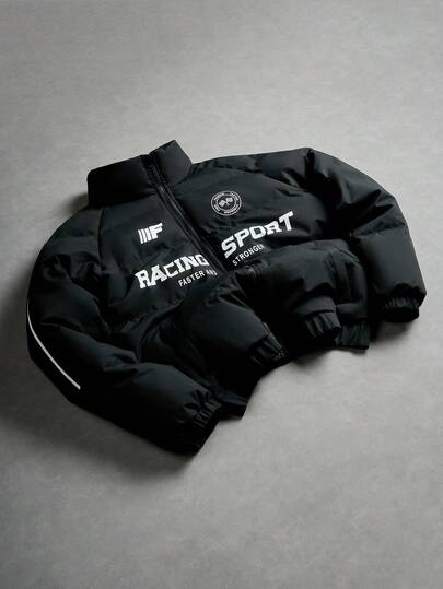 PAVTROS Abrigo casual de invierno para hombre con cuello mao, estampado de letras y mangas raglán, chaqueta deportiva de carreras, otoño