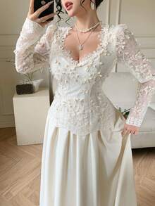 DAZY 春夏白色蕾丝连衣裙，时尚派对礼服，优雅修身正式连衣裙，适合婚礼、宴会、舞会、通勤等场合，透视网纱拼接腰部A字连衣裙，女士吊带裙 - 米色 - 查看 7