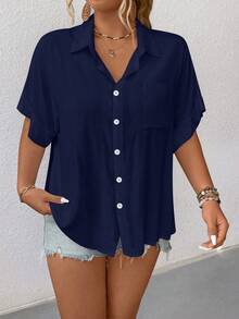 Elenzga Plus Size Solid Color Turndown Collar Front Button Casual Short Sleeve Shirt - Navy Blue - View 5