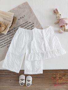 SHEIN 2pcs/Set Baby Girl Casual Cute Bow Sleeveless Top And Pants Set - White - View 2