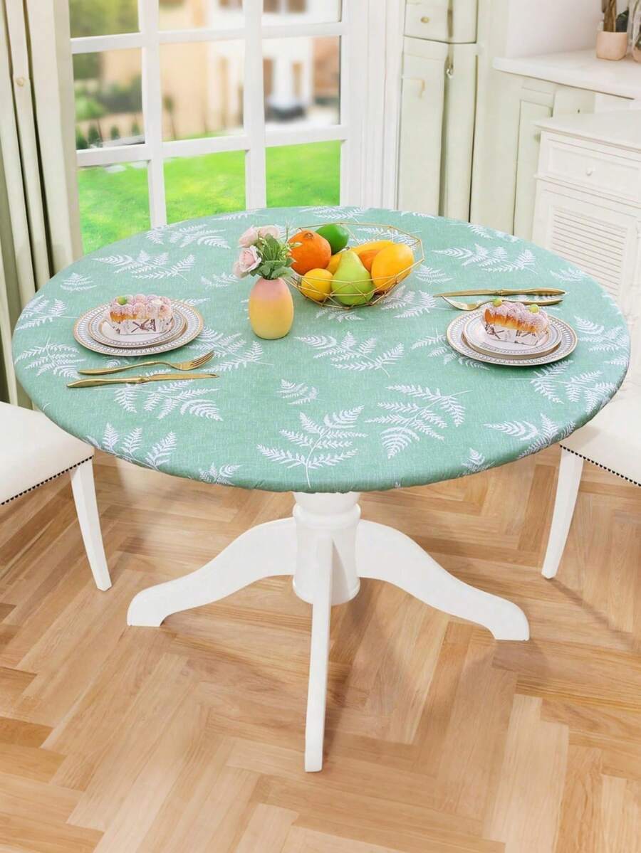 1pc Round Pattern Vinyl Tablecloth With Elasticity, Wipeable Flannel Backed Vinyl Table Cover, Suitable For Camping, Indoor And Outdoor - Multicolor - View 1