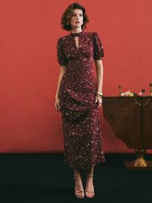 Poéselle Women's Ditsy Floral Keyhole Neck Puff Sleeve Elegant Dress,Red Dress,Valentine's Day,Valentine's Day Outfit,Floral Dress,Elegant Dresses For Women,Holiday Outfits For Women,Birthday Dresses For Women ,Spring/Summer - Burgundy - View 2