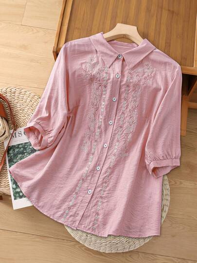 Linhara 大码女式粉色花卉刺绣衬衫，法式优雅复古休闲服饰