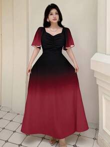 Modelyn 女士黑粉渐变蝙蝠印花褶皱短袖甜美法式夏日连衣裙 - 酒紅色 - 查看 3