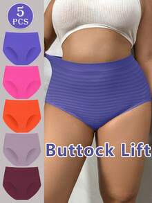 NudeFit 5条装女士加大码舒适弹力高腰条纹无缝全包臀内裤 - 彩色 - 查看 2