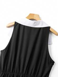 GlowEve CURVE New Arrival Women Plus Size Retro Style A Line Midi Dress Woven Fabric Colorblock Design Collar Sleeveless - Black and White - View 7