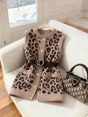GlowEve Chic Leopard Print Round Neck Women Knitted Cardigan Vest Top