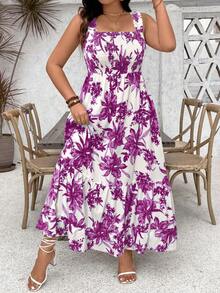 Ceyna 大码女式印花荷叶边吊带可调节胸围A字连衣裙长款女装 - 紫色 - 查看 5