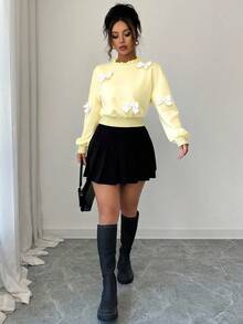 Elenzga Women's Autumn New Fashionable Minimalist Bow Decor Short Sweatshirt - Light Yellow - View 6
