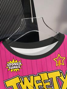 LOONEY TUNES X SHEIN Áo thun ngắn tay nữ họa tiết hoạt hình kẻ sọc, kiểu dáng thường ngày, thích hợp cho mùa hè. - trắng - Xem 5