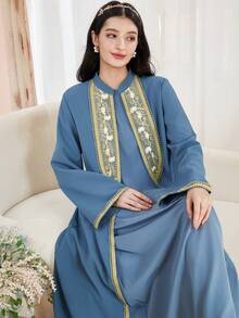 SHEIN Bộ 2 áo Abaya kiểu Ả Rập truyền thống dành cho thiếu nữ, tay dài, dáng xòe, thêu và viền vàng, độ dày vừa phải, thích hợp mặc hàng ngày vào mùa xuân và mùa thu. - Màu xanh bụi bặm - Xem 6