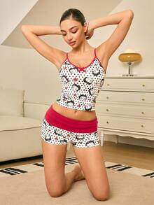 Betty Boop x SHEIN Women's Polka Dot & Cartoon Figure Graphic Camisole Top And Shorts Pajama Set, Summer - White - View 7