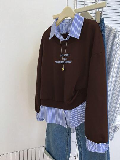 INAWLY Felpa casual da donna con colletto a righe, stampa con slogan, spalle scoperte, maniche lunghe, autunnale