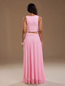 SHEIN Unity 女士优雅V领吊带背心和高腰网纱裙两件套，春夏款 - 粉色 - 查看 2