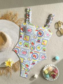 Soleia Summer Vacation Outfits Women Elegant Women's Beach Swimsuit Women's Cherry Print Frill Trim One-Piece Swimsuit, Vacation Style - Multicolor - View 5