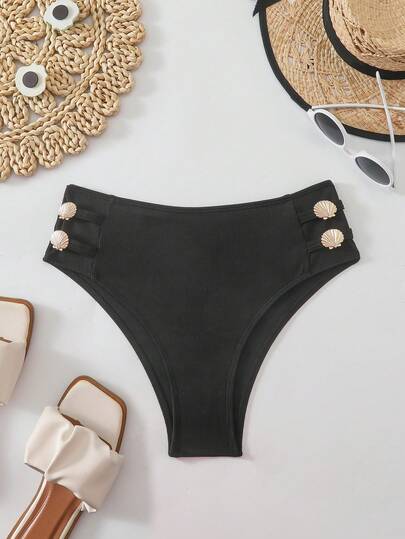 Swim Chiccia 纯色罗纹高腰贝壳装饰女士沙滩度假优雅比基尼泳裤