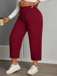 SHEIN PETITE CURVE Plus Size Women Solid Color Knotted High Waist Casual Pants - Rose Red - View 5