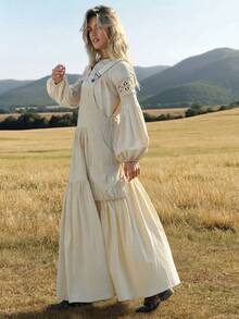 WESTFADE 100% Cotton Tiered Loose Fit Adjustable Strap Cargo Pocket Skirtall Overall Dress - Khaki - View 3