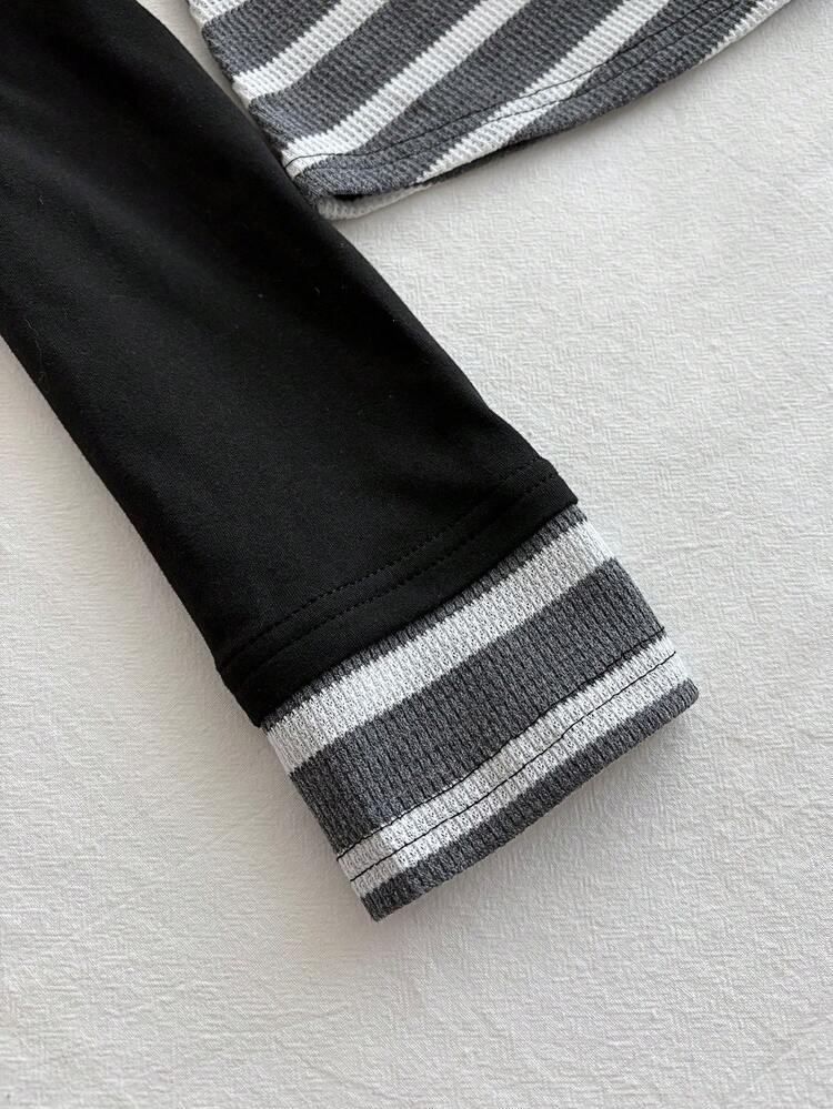 Glimmora Áo thun dài tay cổ điển kẻ sọc đen phối màu mới về dành cho nữ - Màu xám đen - Xem 4