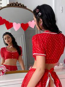 PetitDoll Bộ đồ lót ren phối nơ gợi cảm 4 món dành cho nữ, thích hợp cho Ngày Valentine. - Đỏ và trắng - Xem 2