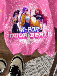 Tween Girl Fashionable & K-POP Girl Group Letter & Star Print, Colorful Cartoon Character Cream Pink Casual Short Sleeve Crew Neck T-Shirt, Suitable For Holidays, Parties, Daily Wear, Concerts, Summer Y2k Tops Girls Kids Kpop Y2k Girl Shirts Kid Girl Star T-Shirts Y2k - Multicolor - View 5