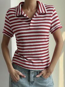 Livesso 女士宽松商务休闲条纹拼接Polo衫，时尚办公服饰，红色，适合春夏穿着 - 紅色 - 查看 7