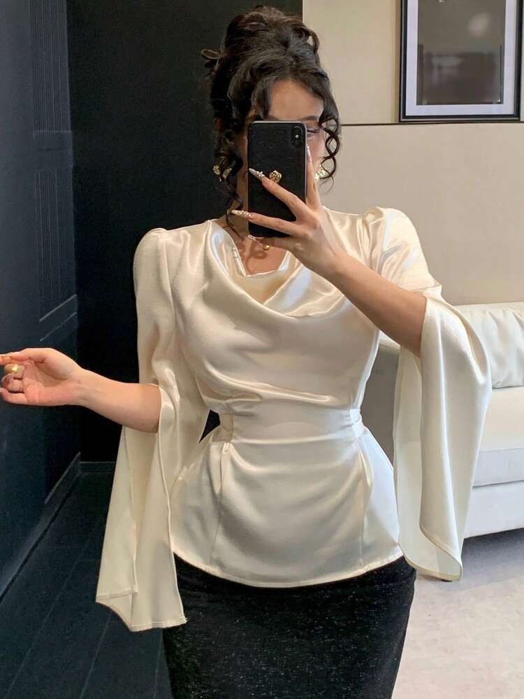 Women's Floral Print Satin Shiny Blouse, Elegant Slim Fit Flare Sleeve High Slit Casual Vacation Commute Shirt, Spring/Summer Long Sleeve