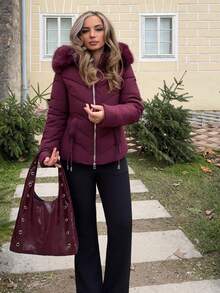 Jeta Ari Áo khoác trùm đầu mềm mại có khóa kéo phía trước tay dài màu trơn mùa đông cho nữ - Màu Đỏ Sâu - Xem 2