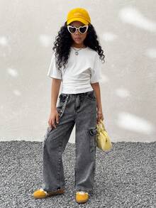 Coolane Kids Tween Girls Spring/Summer, Minimalist Y2K Basic Daily Wear Casual Back To School Streetwear Stretchy White Loose Ruched Crop Tees - White - View 6