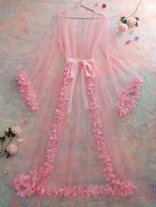 FloralLove Plus Size Floral Heavily Pleated Ruffle Sheer Hazy Innocent Cute Romantic Kawaii Lolita Style Robe For Music Festival, Party, Intimate Apparel - Pink - View 5
