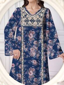 SHEIN Najma Women's Floral Retro Print V-Neck Long Sleeve Maxi Dress, Elegant Arabic Style, Spring/Autumn - Multicolor - View 3