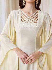 Al Najma Women's Elegant Crossed Square Neck Flare Sleeve Waist Cinched Arabic Style Dress - Yellow - View 3