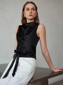 MOTF PREMIUM BLUSA SIN MANGAS FRUNCIDA PARA MUJER - Negro - Ver 6