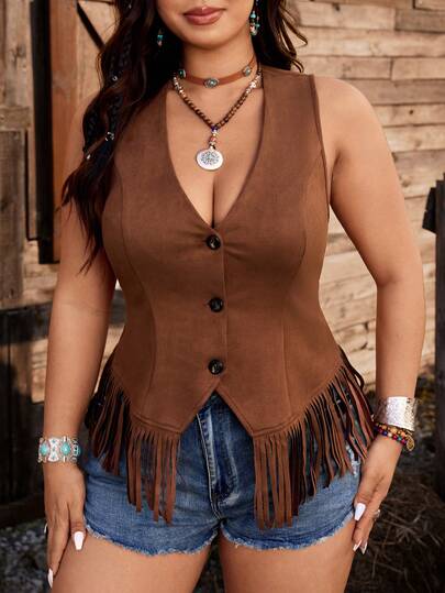 Ceyna Casual Elegant Minimalist American Countryside V-Neck Fringe Vest, Khaki/Coffee Color, Plus Size Women