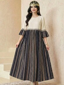 SHEIN 少女复古条纹印花拼接撞色喇叭袖宽松A字长袍，适合中东/阿拉伯国家日、节日等场合穿着 - 彩色 - 查看 6